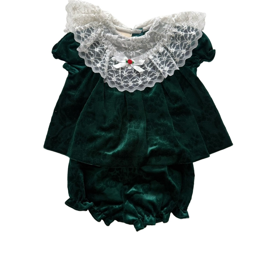 VTG 90s Green Velvet Lace Christmas Dress & Bloomer Set girl 6-9M heirloom